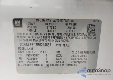 2011 Chevrolet Equinox 2Lt z USA, uszkodzony, nr VIN 2CNALPEC7B6214657